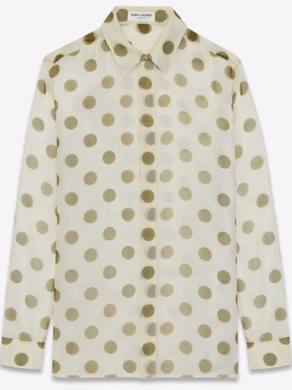 Saint Laurent YSL Cream Green Polka Dot Sheer Silk Button Down Dress Shirt